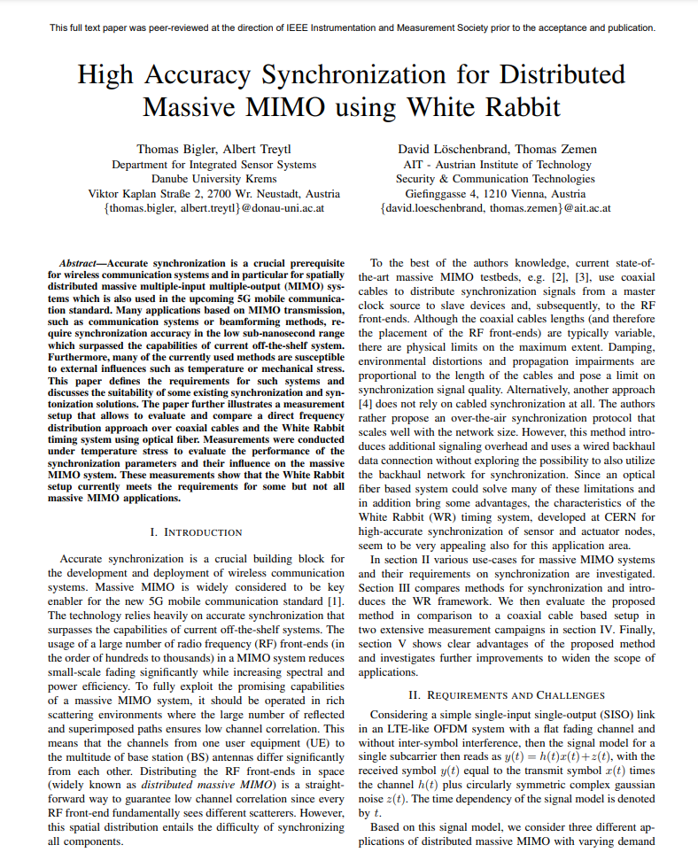 High Accuracy Synchronization for Distributed Massive MIMO using White Rabbit