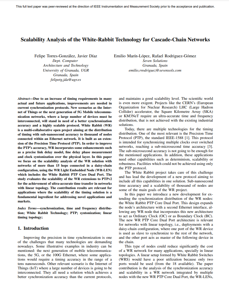 Scalability Analysis of the White-Rabbit Technology for Cascade-Chain Networks