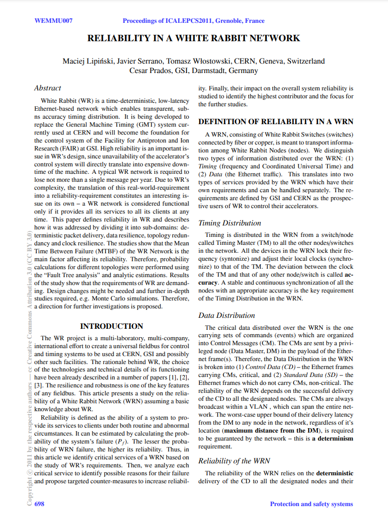 RELIABILITY IN A WHITE RABBIT NETWORK