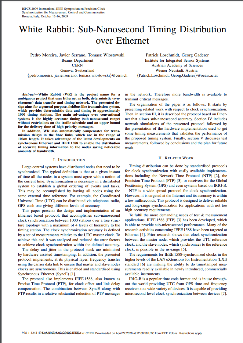 White Rabbit: Sub-Nanosecond Timing Distribution over Ethernet
