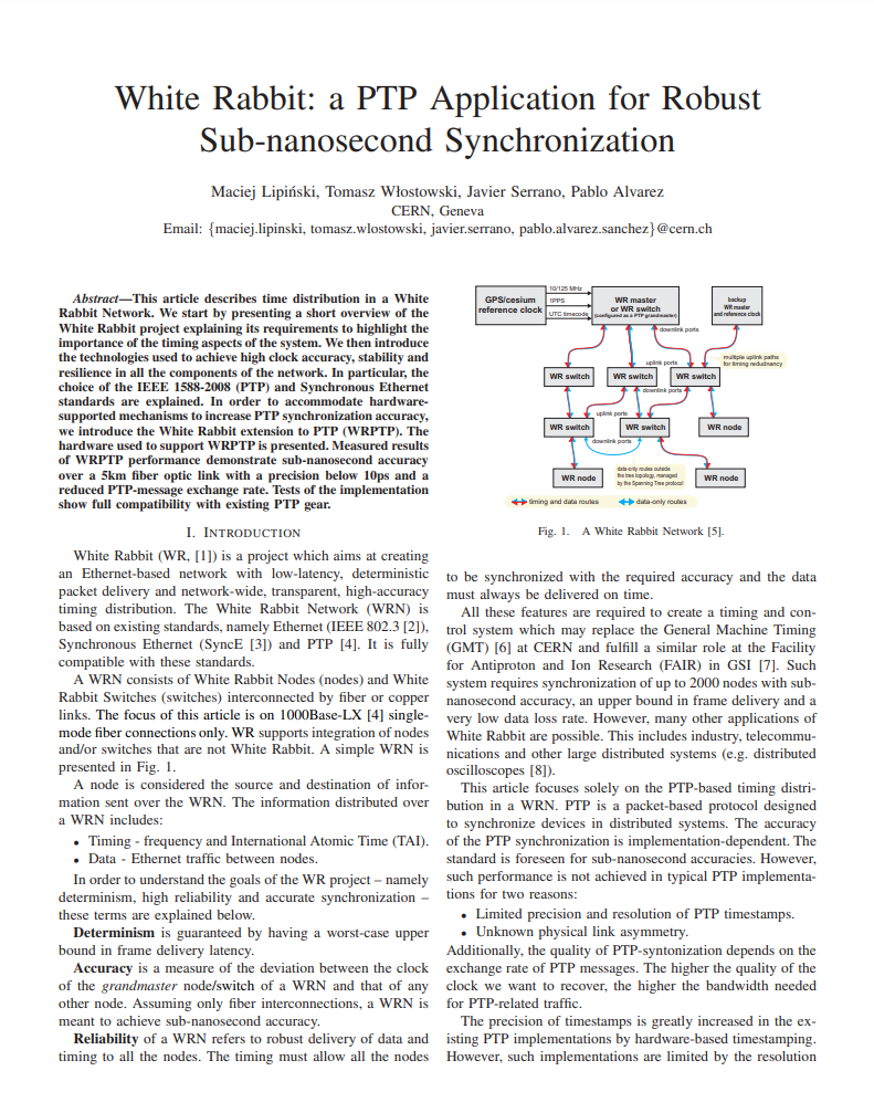 White Rabbit: a PTP Application for Robust Sub-nanosecond Synchronization